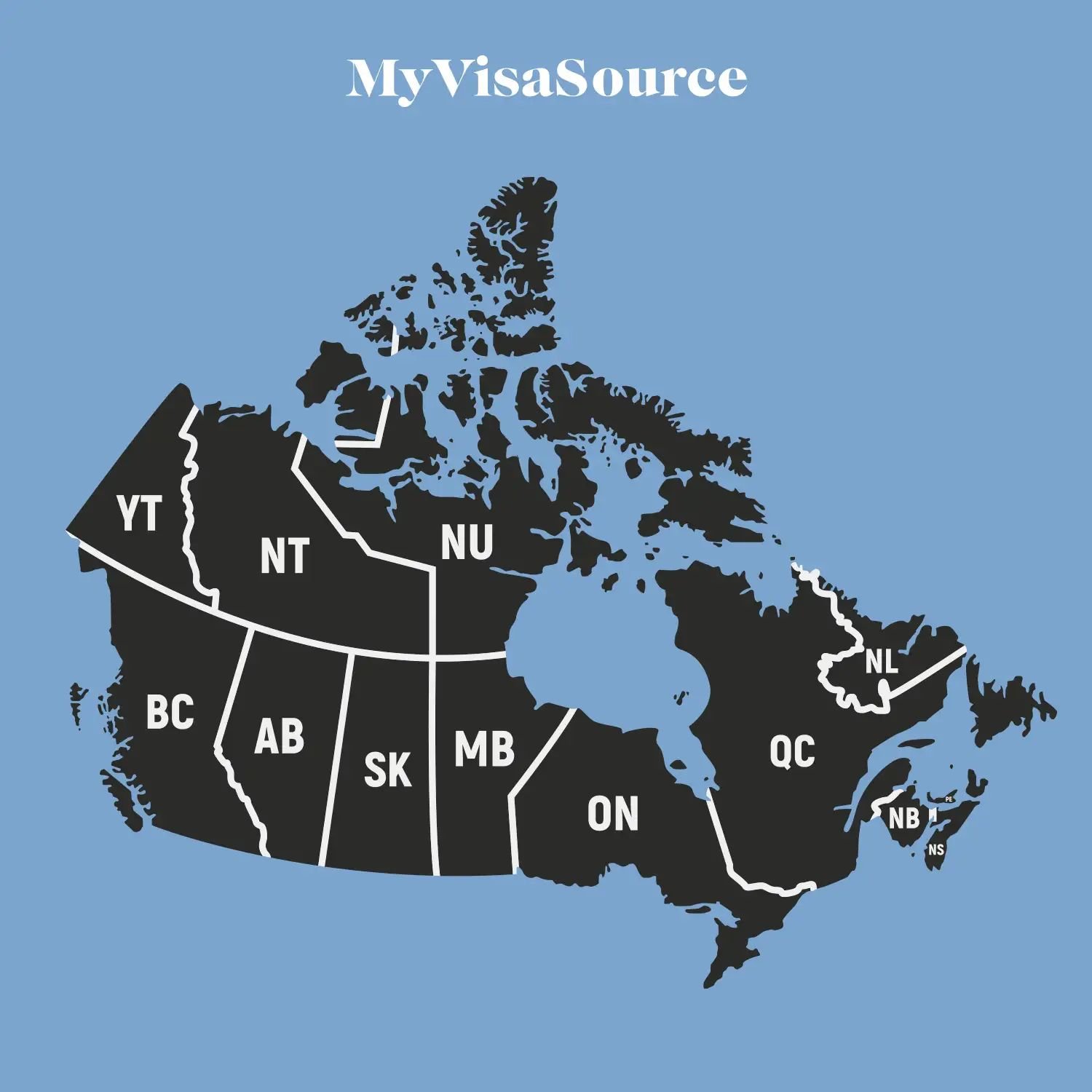 Provinces Releases Job Lists Provincial Nominee Programs PNPs My   Map Of Canada With Provinces And Territories Split Up Black On Blue Background By My Visa Source 